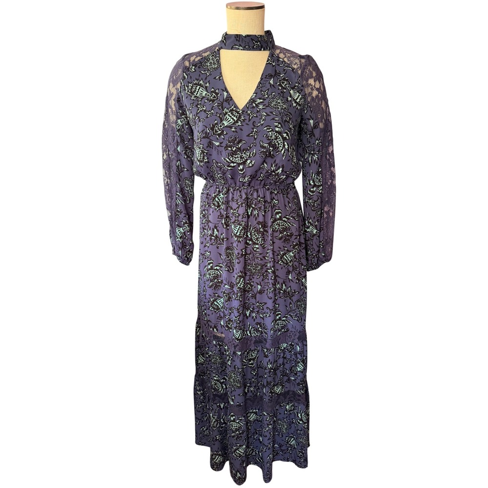 Belle +‎ Sky Maxi Dress S Purple Floral Lace Mock Neck V-Cutout Long Sleeve Boho